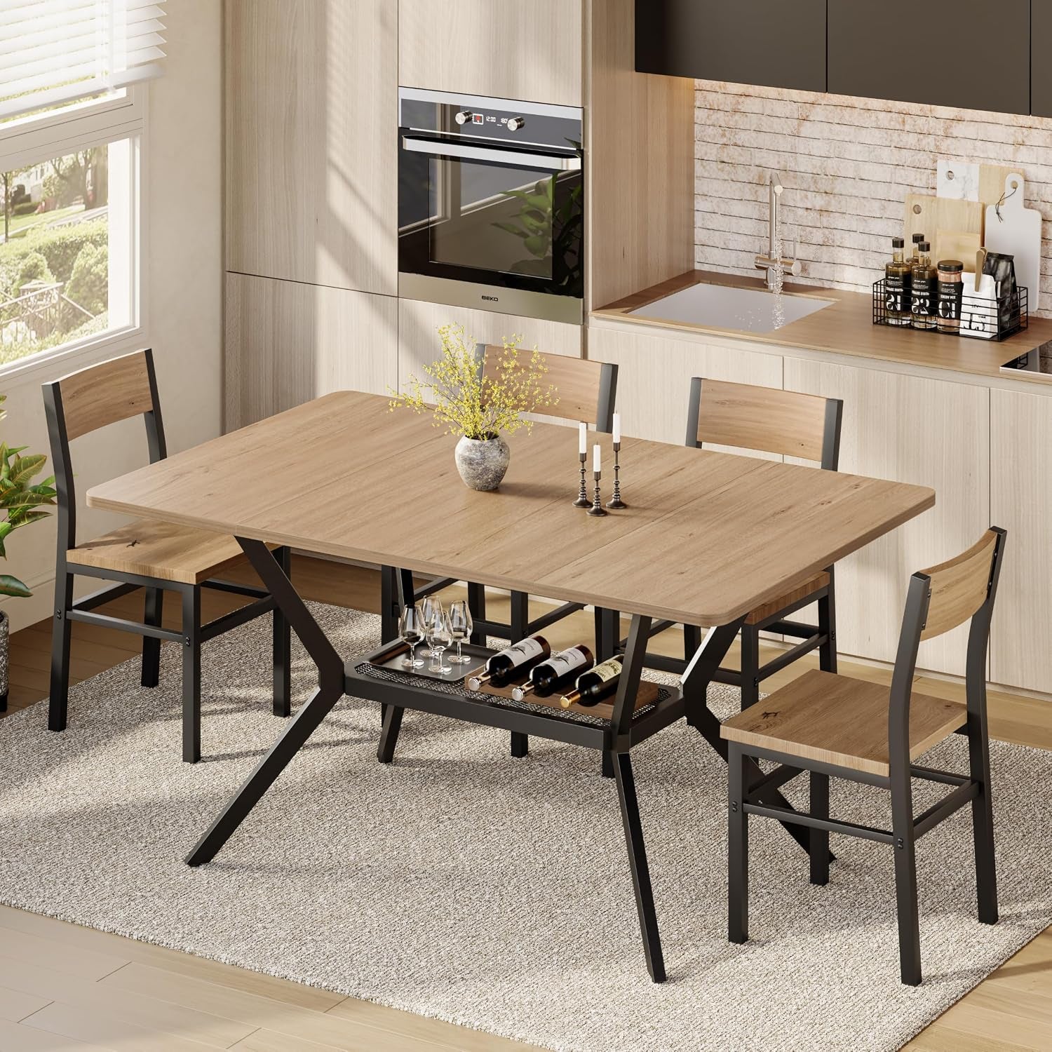 Walnut wood-grain tabletop dining set with mesh storage shelf shown in a kitchen setting, angled view