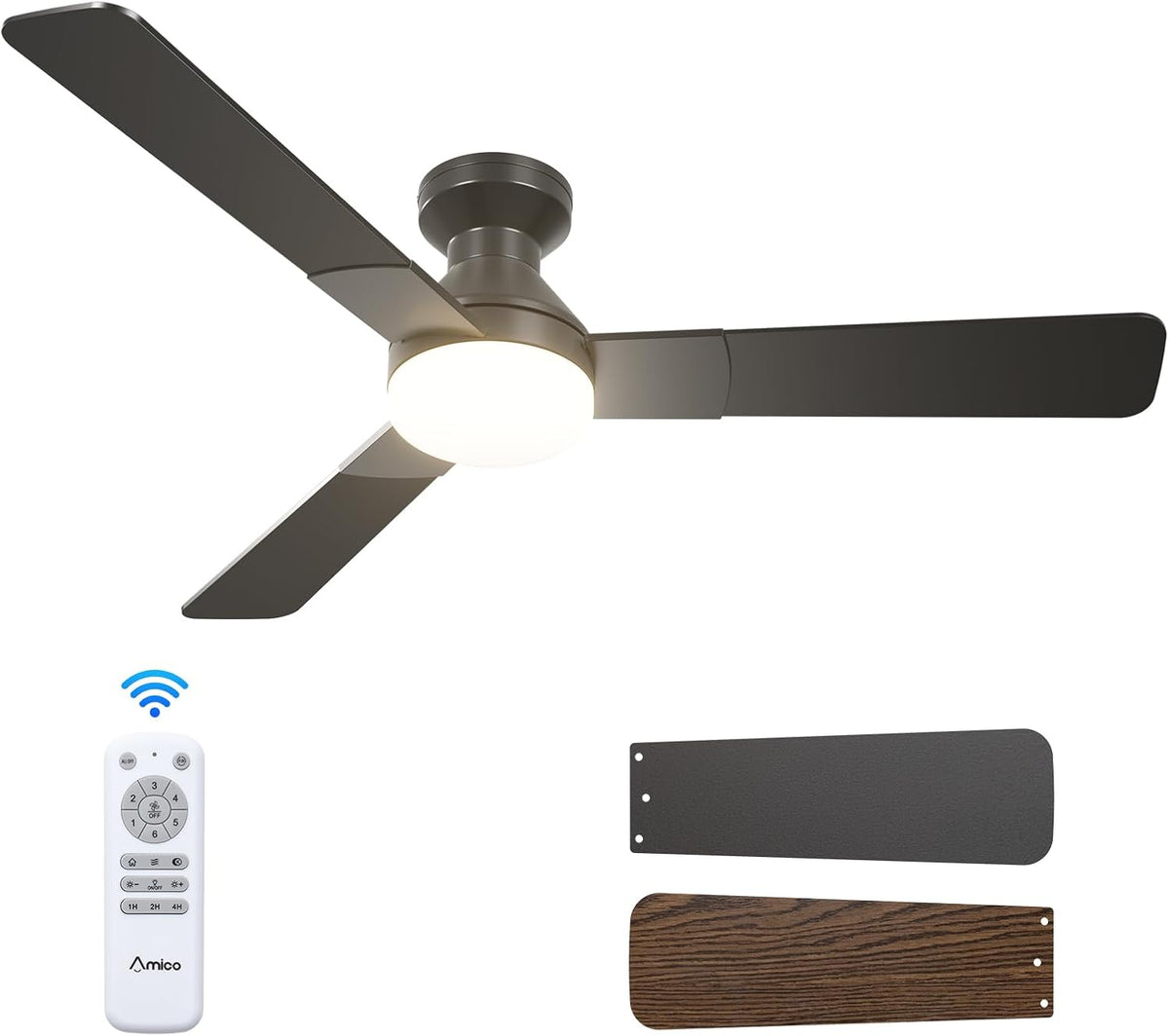 Dark matte ceiling fan viewed from below with illuminated light dome and remote plus two blade samples at the edge
