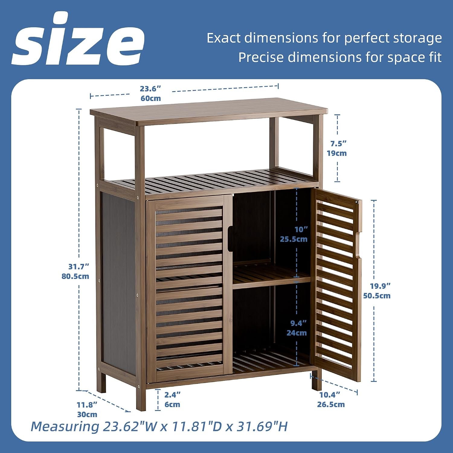 Graphic showing cabinet dimensions and interior shelf height measurements in inches and centimeters