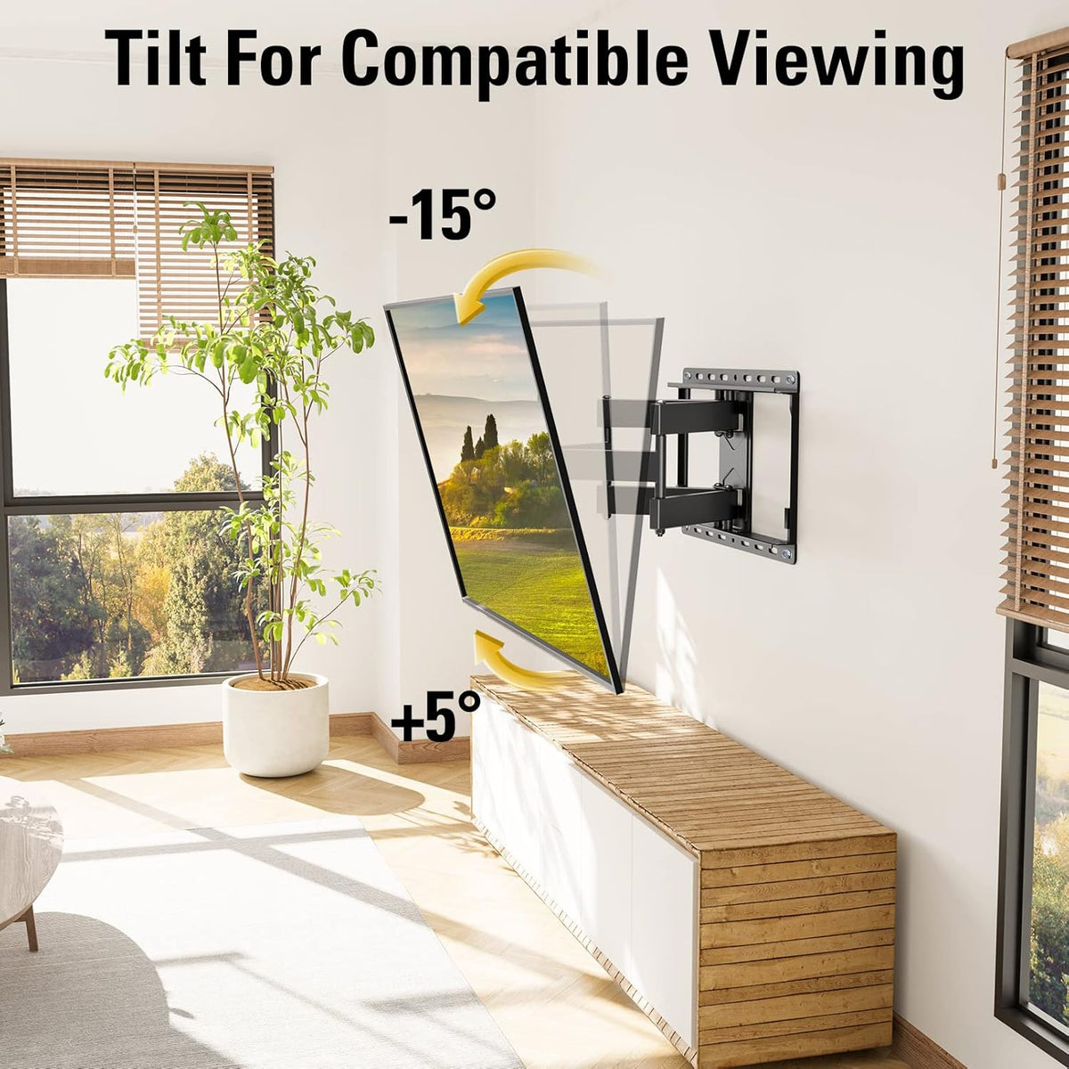 Mounted TV shown tilting forward and backward with arrows illustrating the tilt motion above a wooden media console.