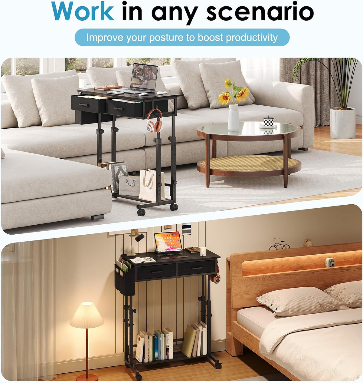 Two scenes: the black adjustable desk in a living room beside a sofa and in a bedroom next to a bed, staged with decor
