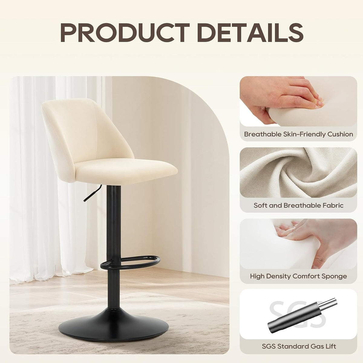 Single beige bar stool with callouts for breathable fabric, high-density cushion and SGS gas lift detail