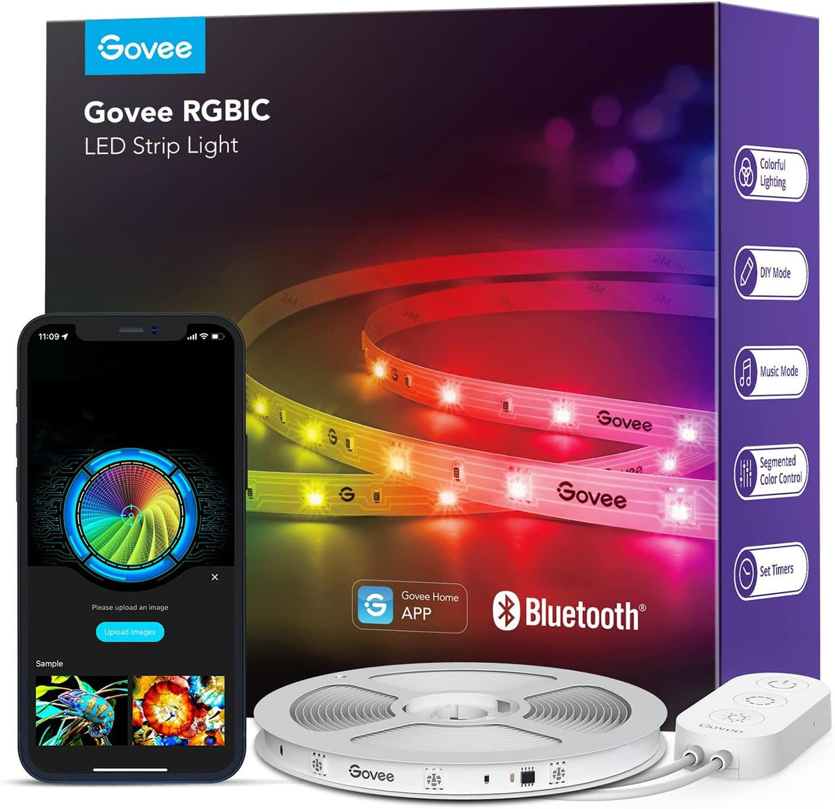 Front-facing product composition showing the colorful box art, smartphone app upload screen, two coiled LED reels and white