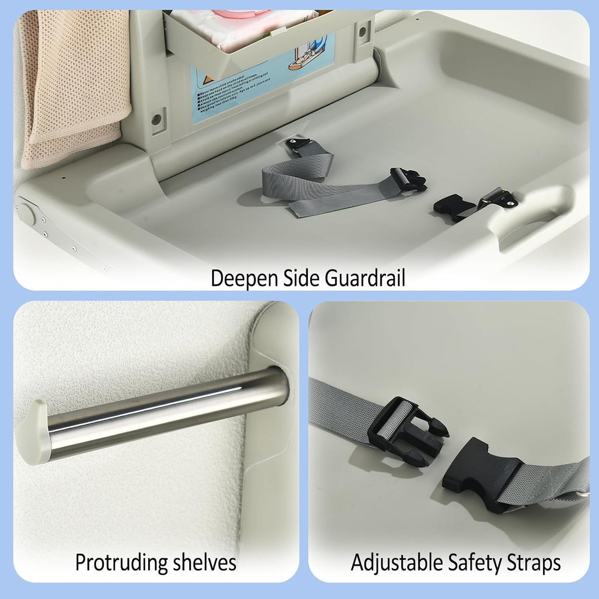 Three-closeup panels showing interior bed with strap, stainless towel rod, and plastic buckle strap