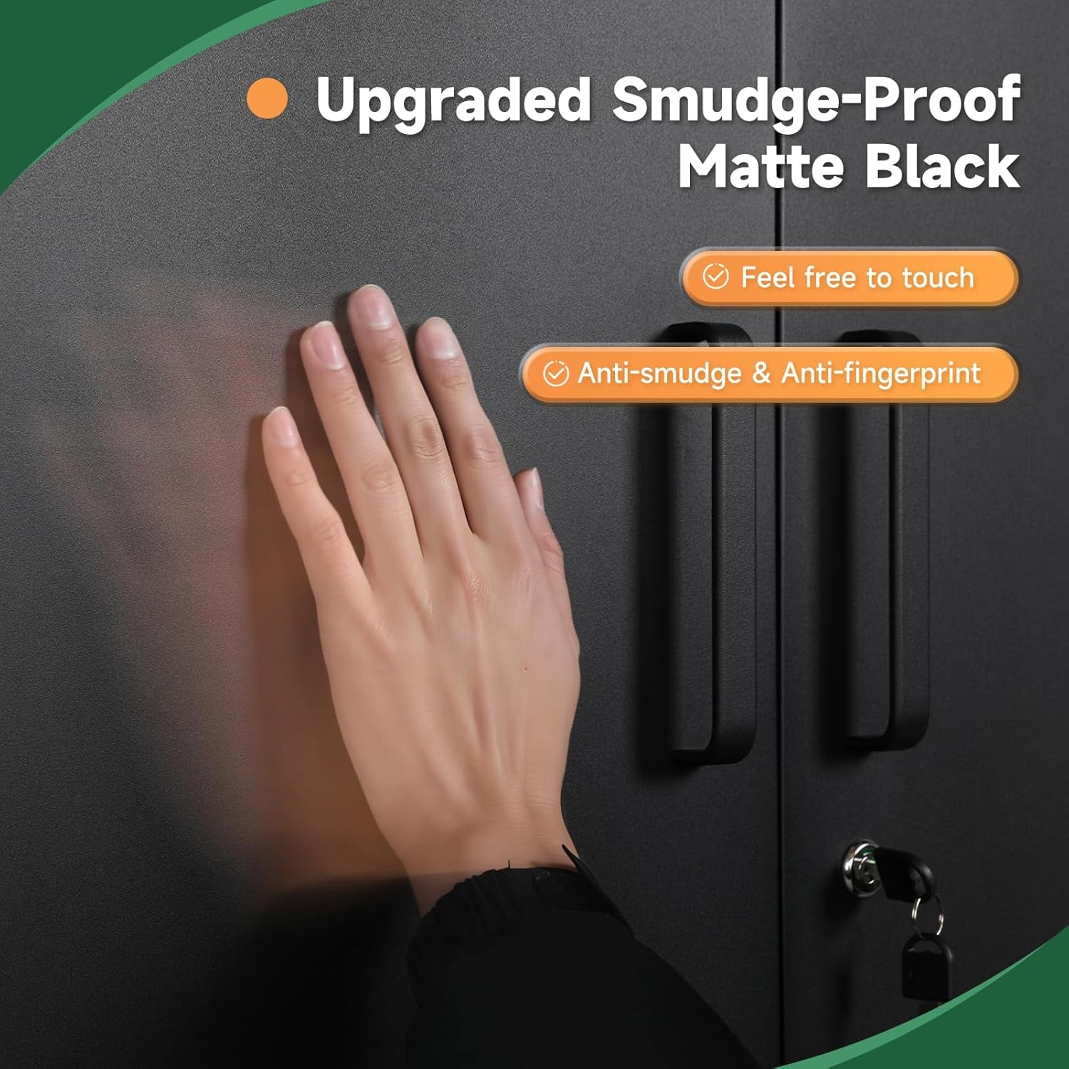 Close-up of a hand swiping a matte-black cabinet door near two vertical handles and a keyed lock with keys inserted.