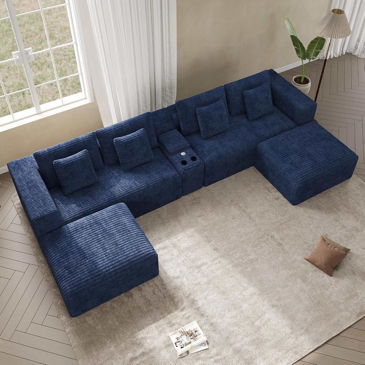 ONEMMLION 96" L-Shaped Cloud Boneless Couch Sofa with Chaise, Beige White | Corduroy Comfy Fluffy Modular Deep Seat Memory Foam Compressed Sectional Sofa for Living Room Oversized Left Facing Chaise