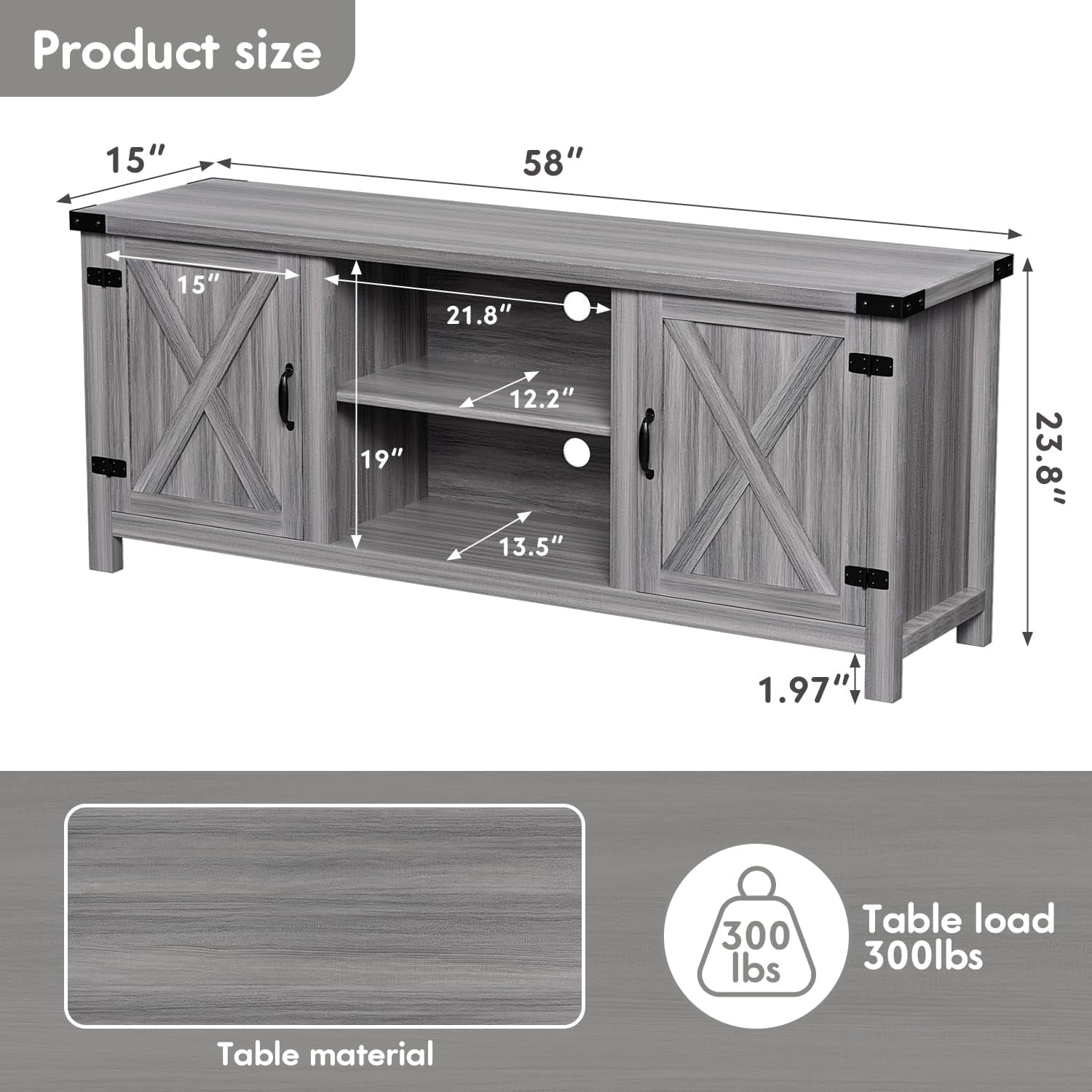 Perspective diagram of the TV stand with arrows showing multiple measurements
