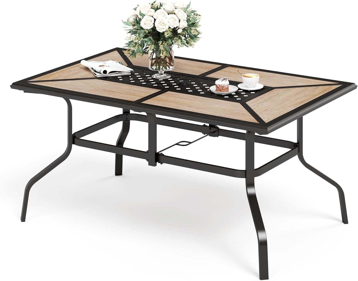 Rectangular outdoor table with wood-look panels and a black lattice center, showing curved legs and support frame underneath.