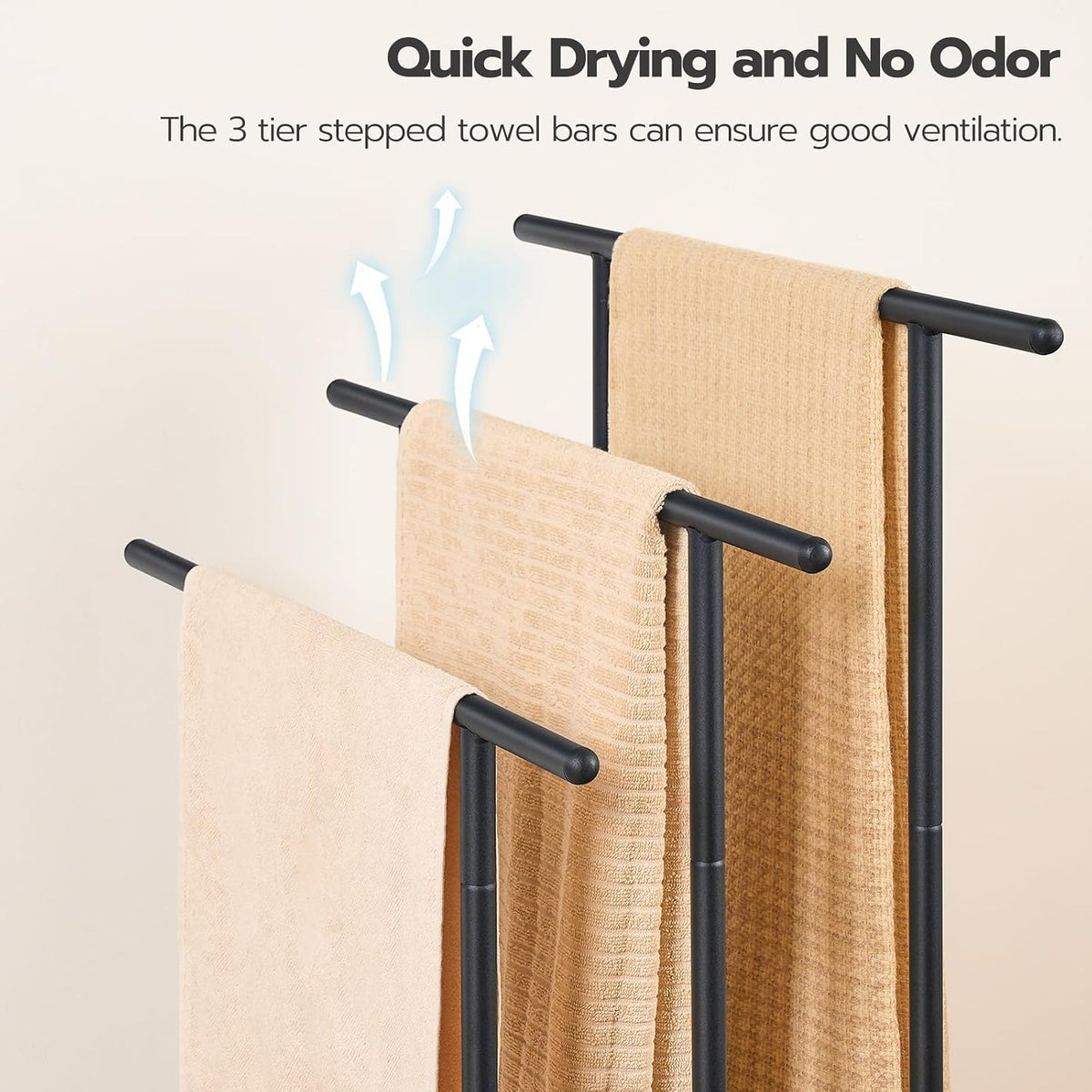 Close-up of the three staggered black towel bars with beige towels and stylized arrows showing airflow for quick drying.
