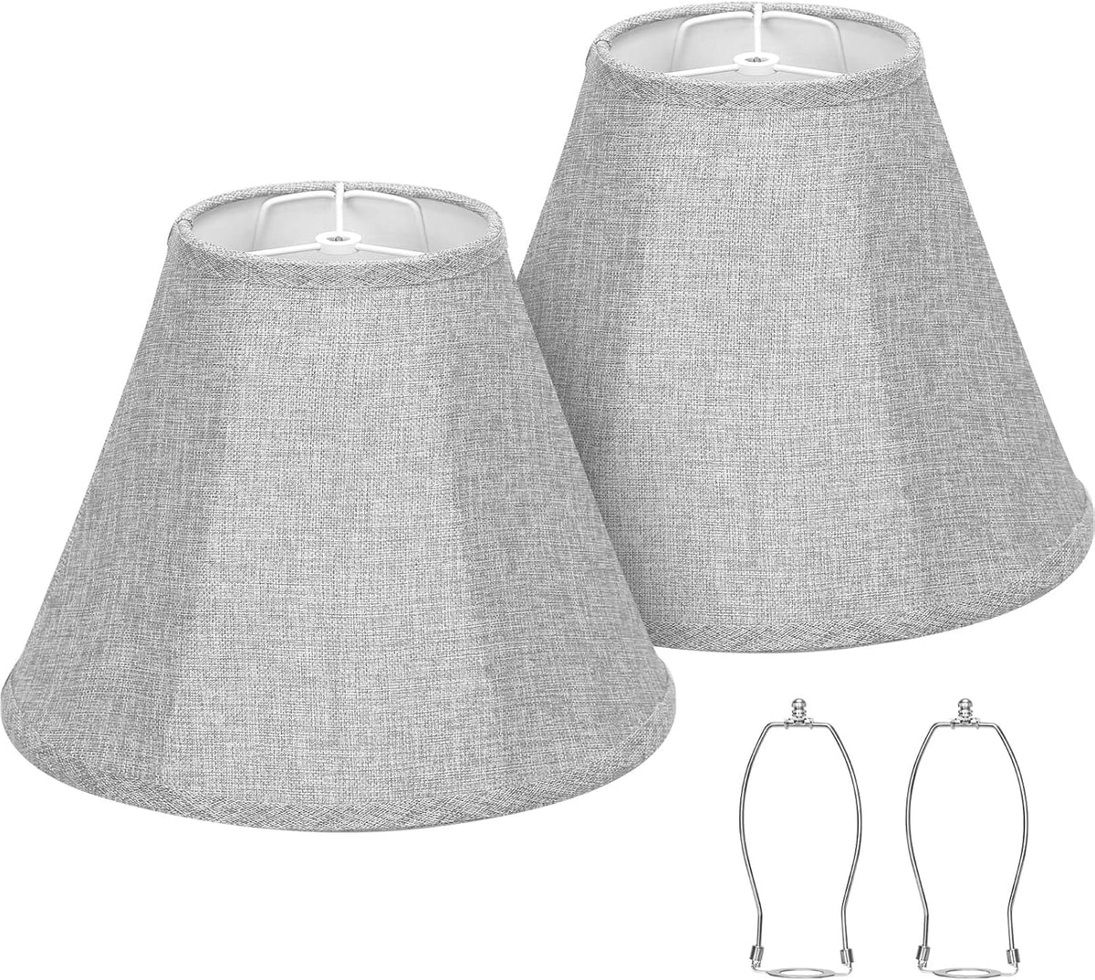 Two bell lampshades in a cool gray woven fabric shown with two chrome harp holders