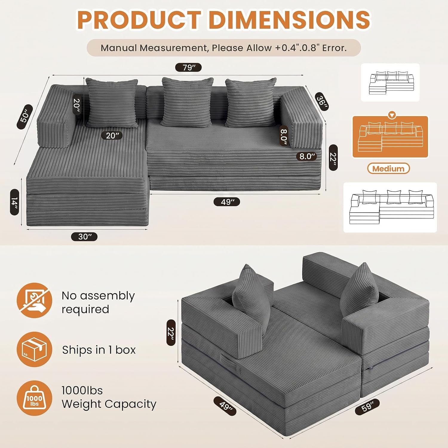 79" Modular Sectional Sofa, Boneless Convertible Sleeper Sofa Bed, Modern Tri-Folding Cloud Couch with L-Shape Chaise, Corduroy Futon for Living Room Small Spaces Apartment, No Assembly,Grey