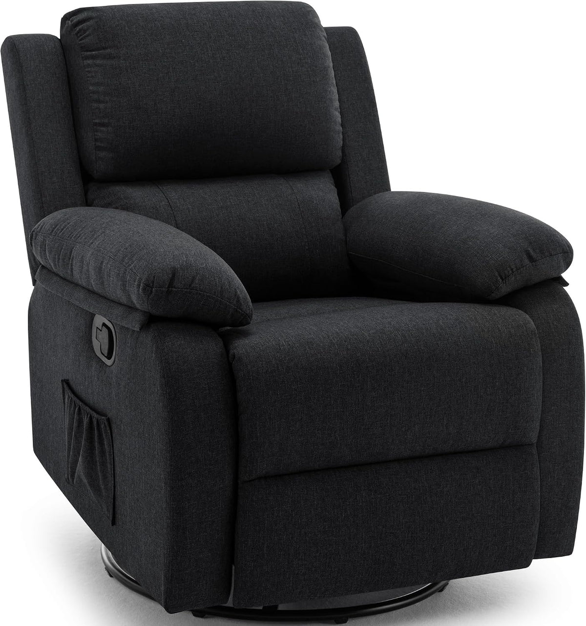 Dark charcoal upholstered swivel recliner on a plain white background.