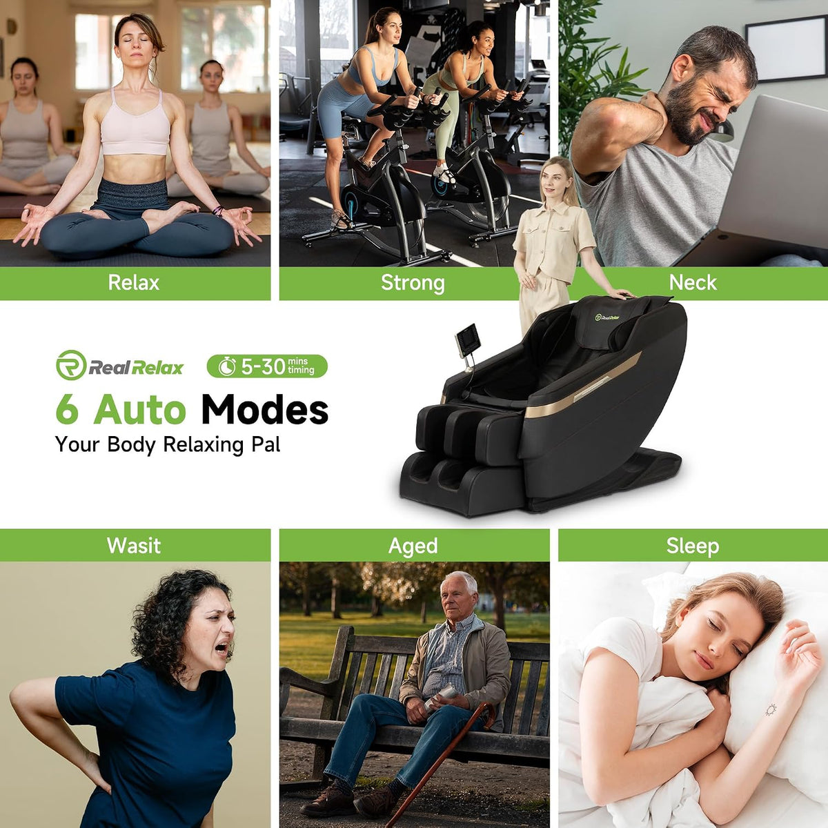 Marketing collage showing six auto modes with lifestyle photos and a small product image