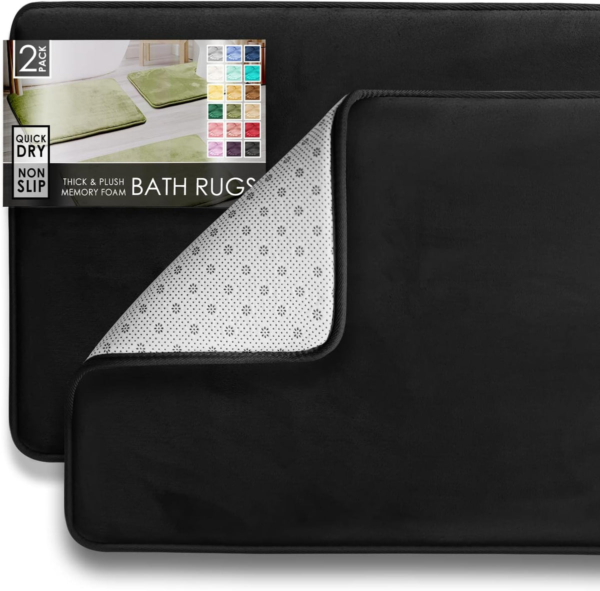 Two black rectangular mats stacked with a top corner peeled back to reveal the patterned non-slip backing