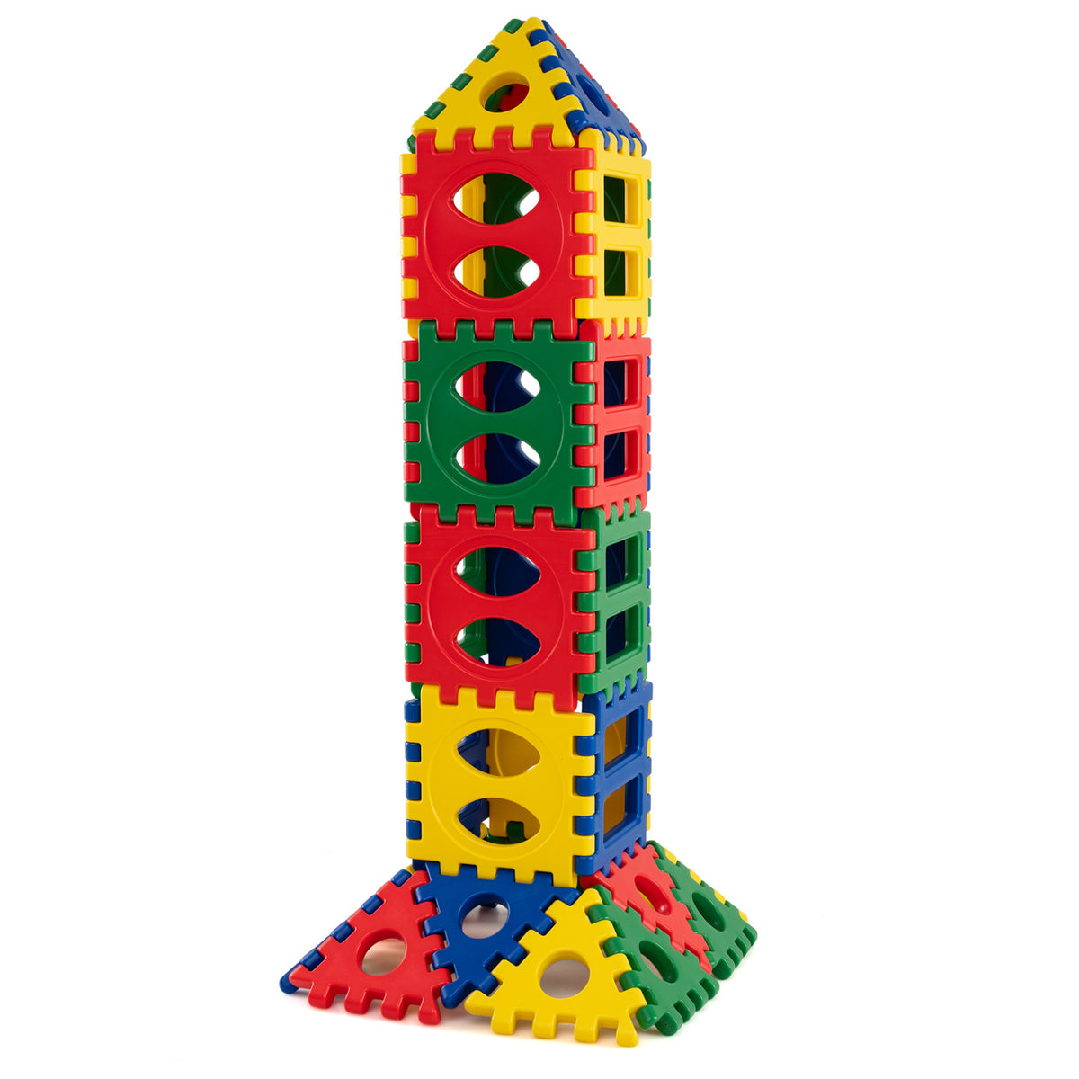 A tall multicolored block tower with a pointed top and triangular pieces arranged around its base.