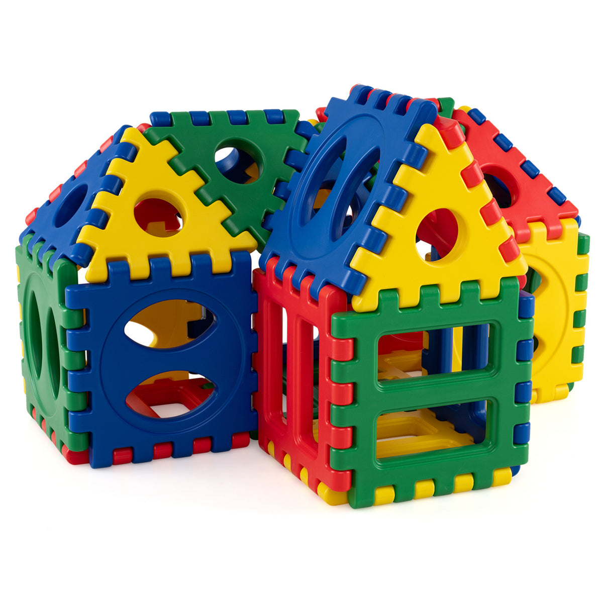 Close-up of two colorful block structures with square and triangular panels, circular openings, and rectangular cutouts.