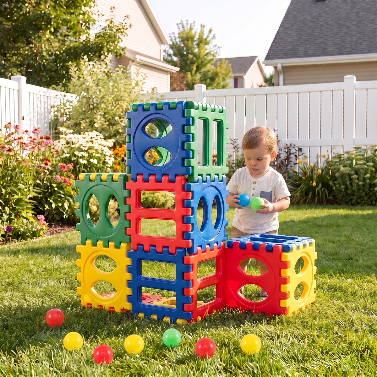 A child holds a ball beside a colorful block structure on the lawn, with more balls scattered on the grass.