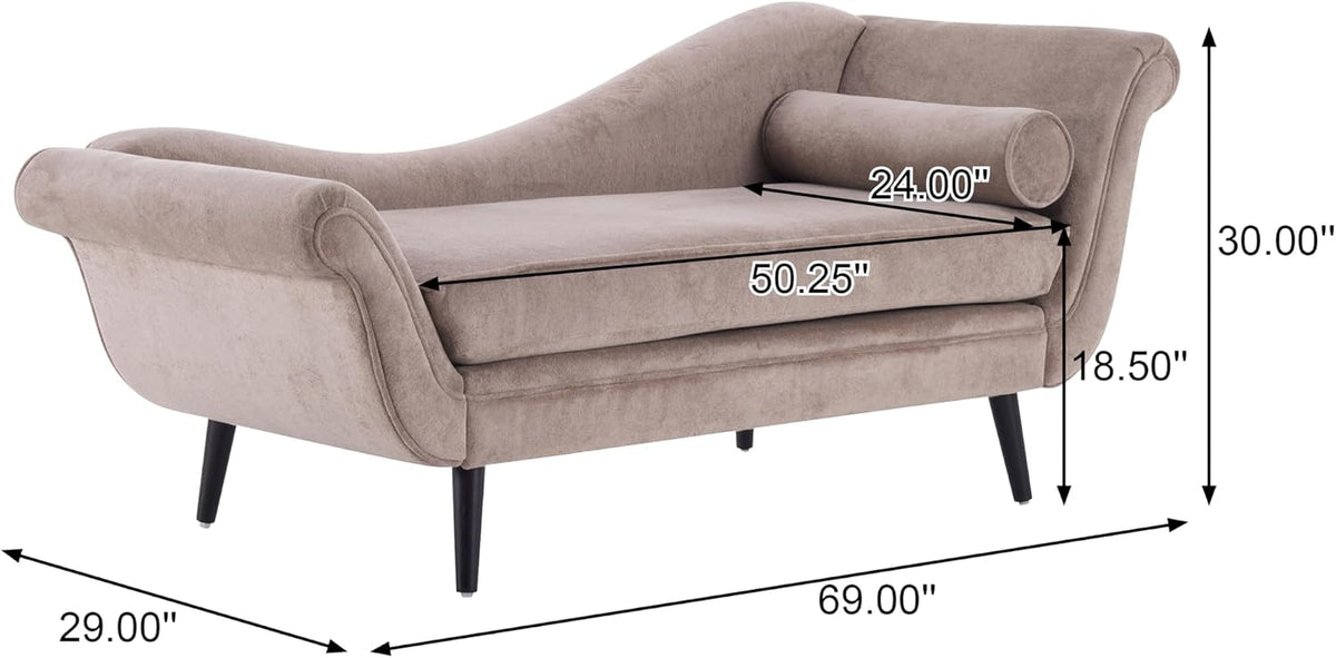 Side view of the chaise on a white background with arrows indicating overall dimensions.