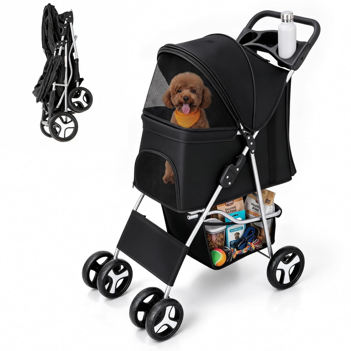 Black pet stroller three-quarter view with mesh canopy, cup holders and inset folded compact in background