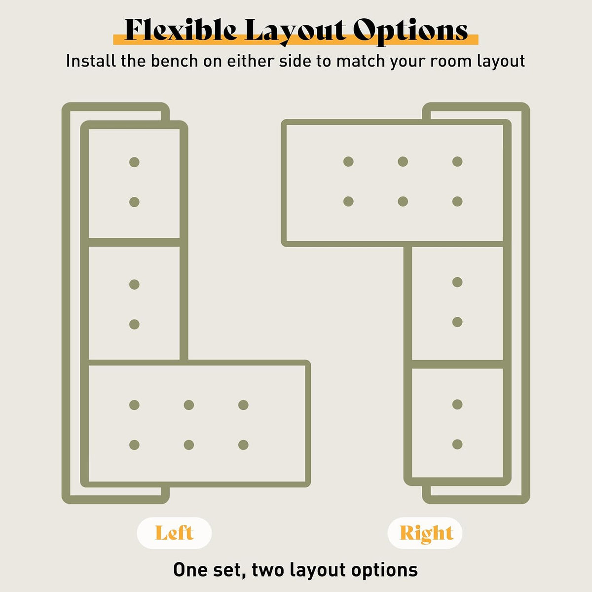 Simple line diagram showing two mirror L-shaped bench layout options labeled left and right