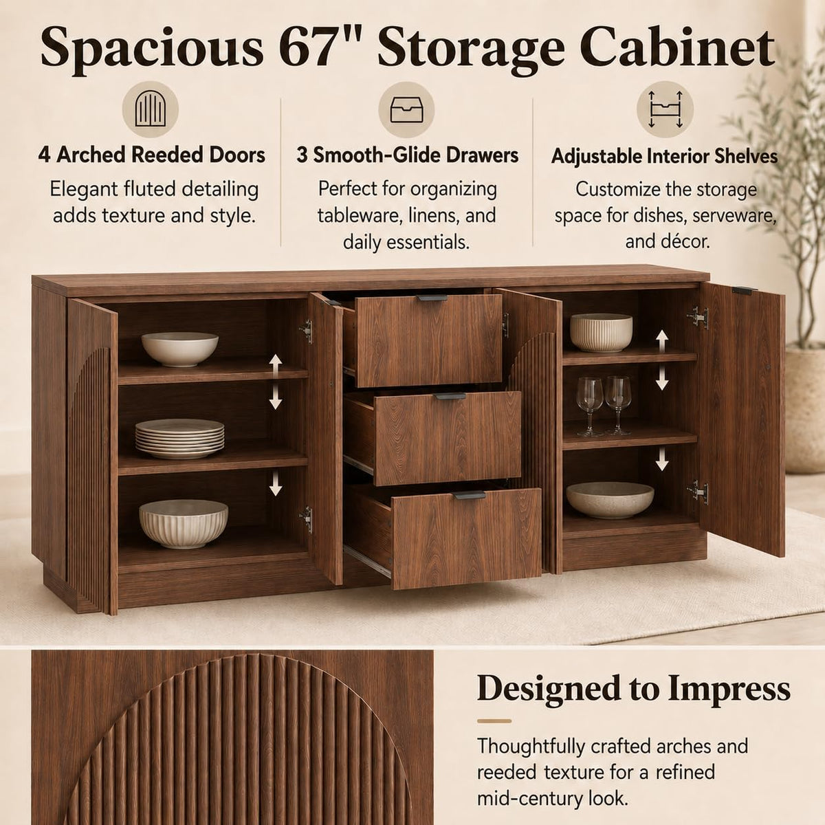 Sideboard with doors open displaying adjustable interior shelves and three smooth-glide center drawers
