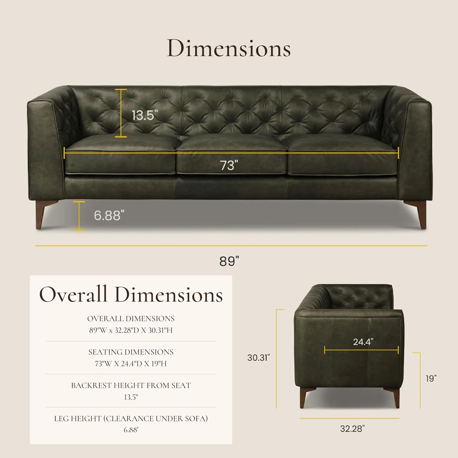 Poly & BARK Essex 89” Full-Grain Italian Leather Sofa – Tufted Back, Feather-Down Comfort, Solid Wood Frame, Olivine Green
