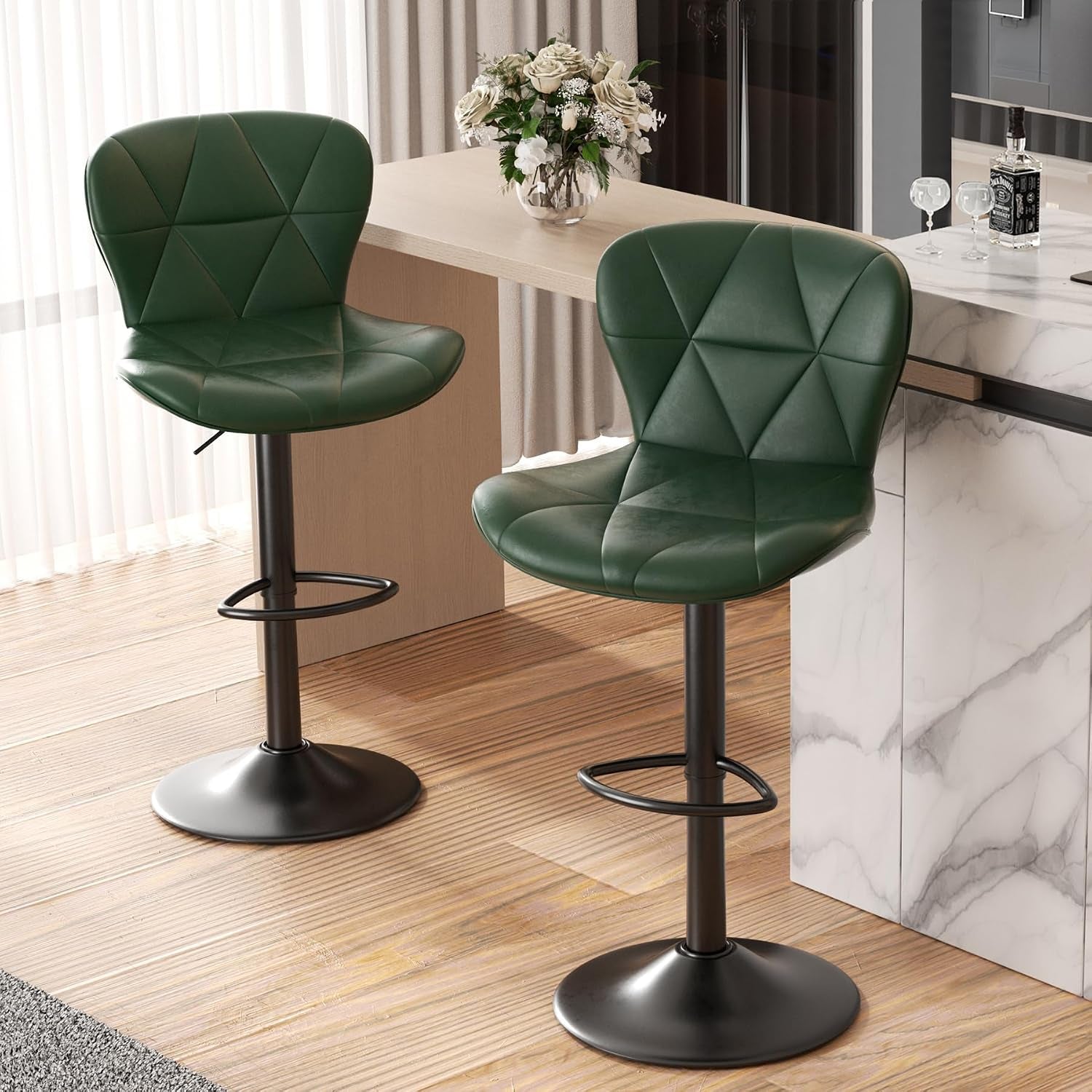 Nalupatio Modern Bar Stools Set of 2, Adjustable Faux Leather Upholstered Swivel Bar Stools, Counter Height, gallery view 12