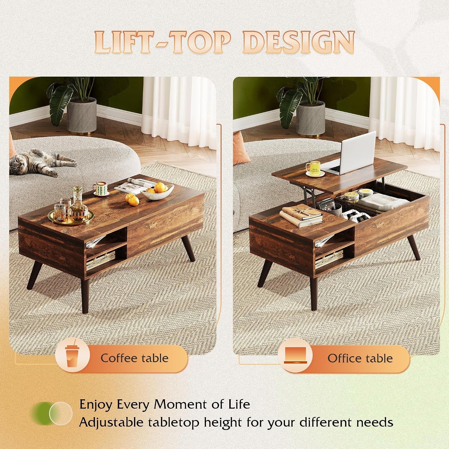 Split-view showing tabletop lowered and raised to illustrate lift-top function and storage access