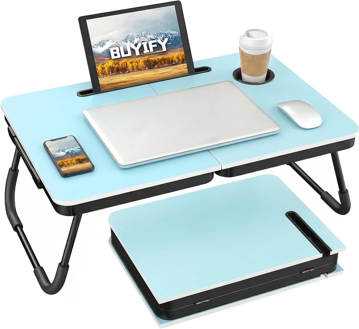 Top-down view of a light blue foldable lap desk with cup holder, tablet slot and folded spare panel