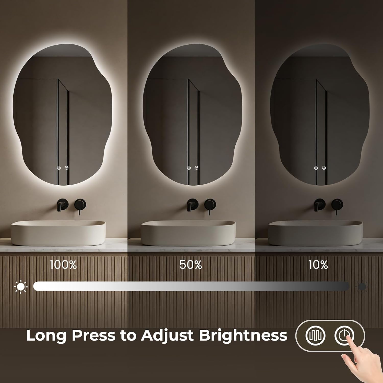 Triptych showing same irregular backlit mirror at three brightness levels with a sink below and a hand touching a power icon