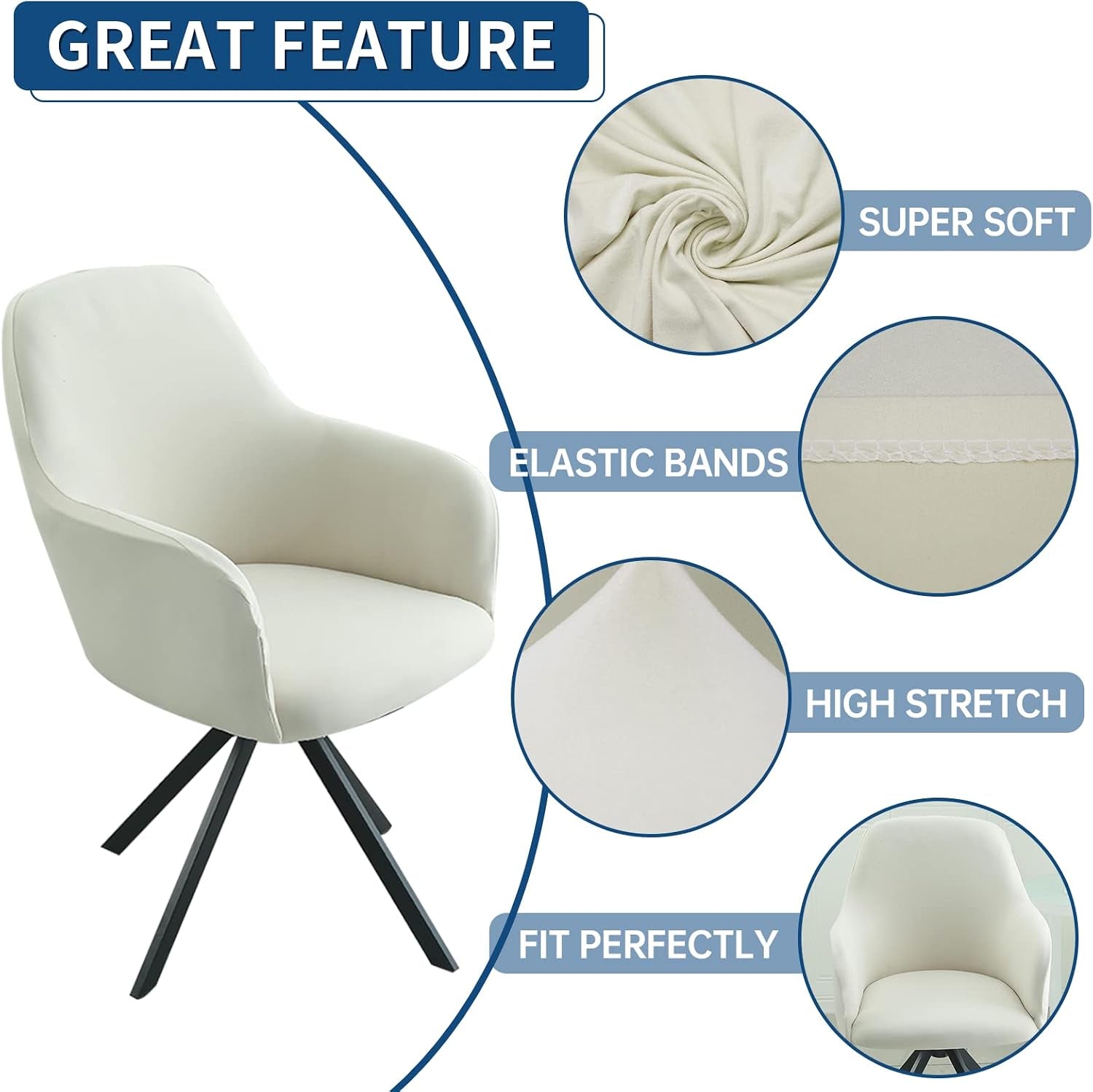 Feature collage highlighting super-soft stretch fabric, elastic hem and a fitted white slipcover on a mid-back armchair