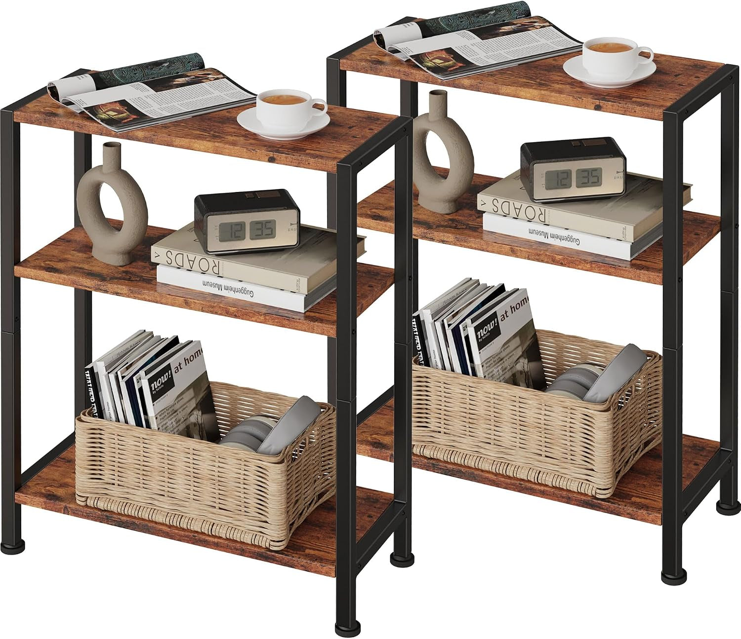 Two narrow three-tier side tables with warm rustic brown shelves and black frames shown side by side