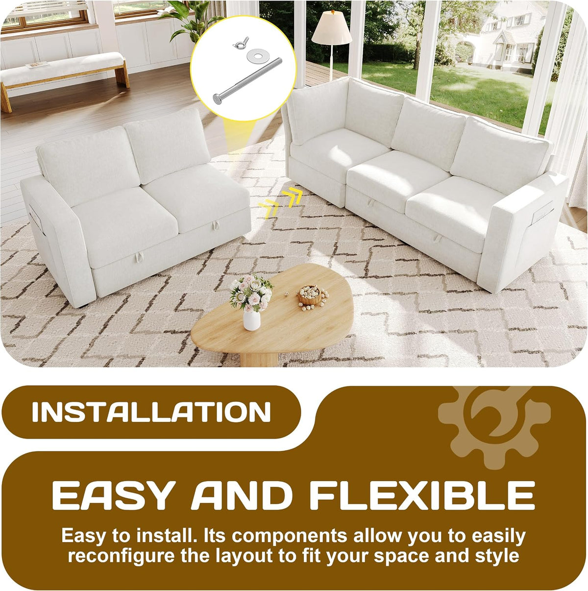 Two separate sofa modules arranged on a patterned rug in a sunlit room; inset bubble shows metal connector hardware.