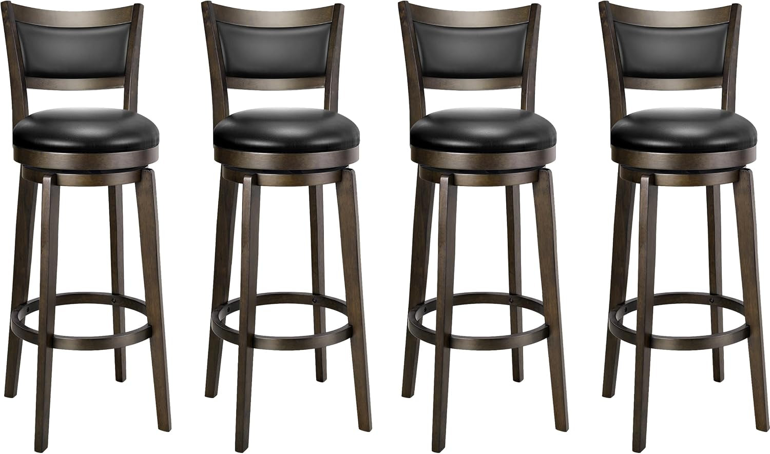 Four identical high-back bar stools in a row, each with black seats and dark wooden legs and footrings.