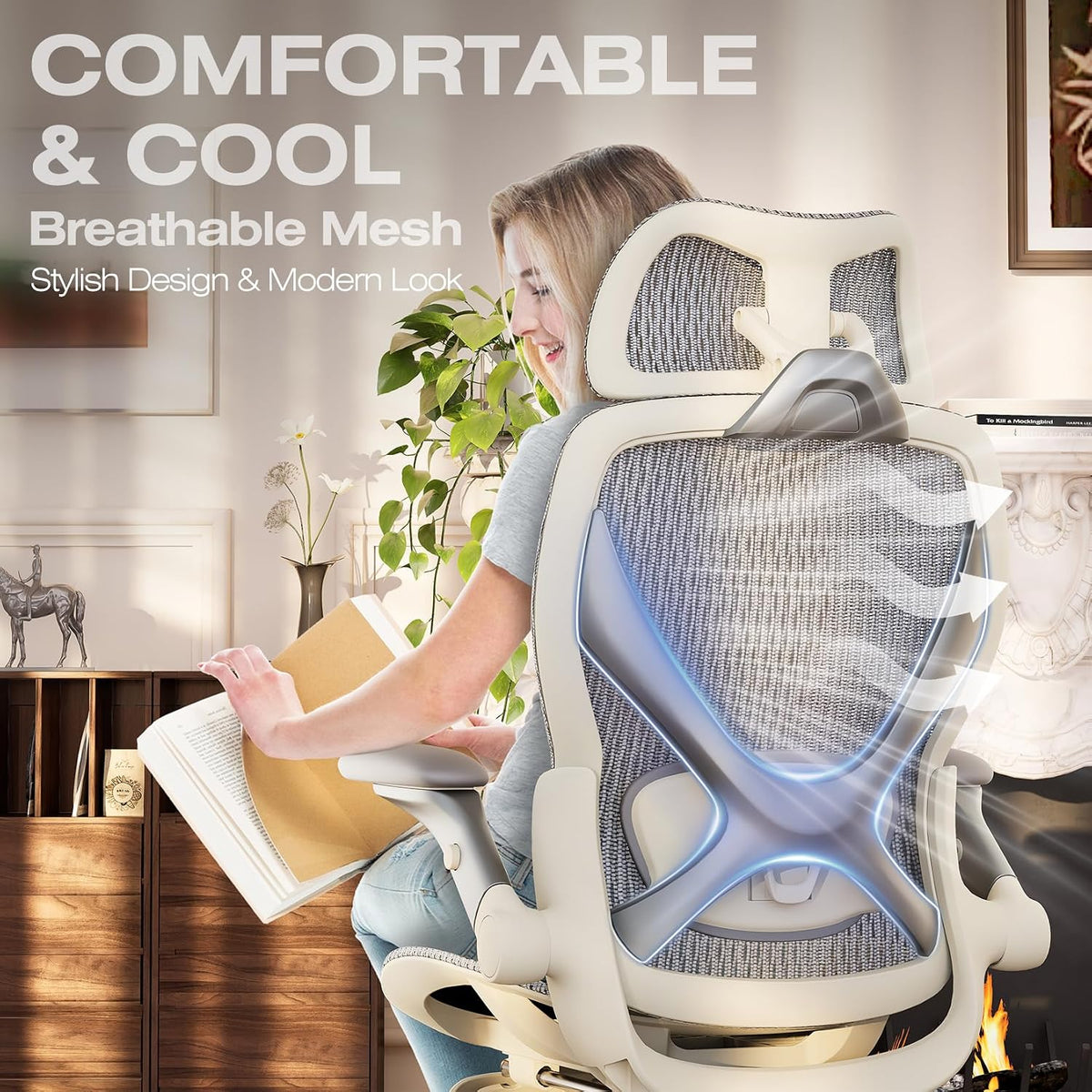 Rear three-quarter view of a light grey mesh chair showing breathable mesh back and curved lumbar frame