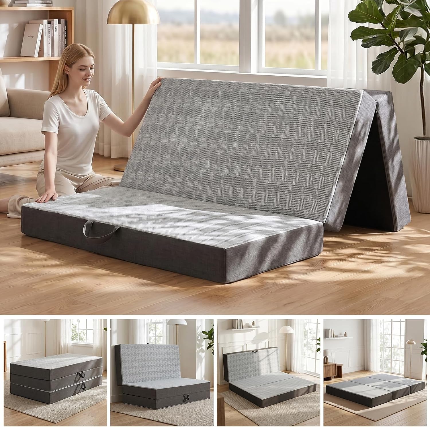 Folded grey tri-fold mattress arranged as a low sofa in a sunlit living room with a woman sitting beside it