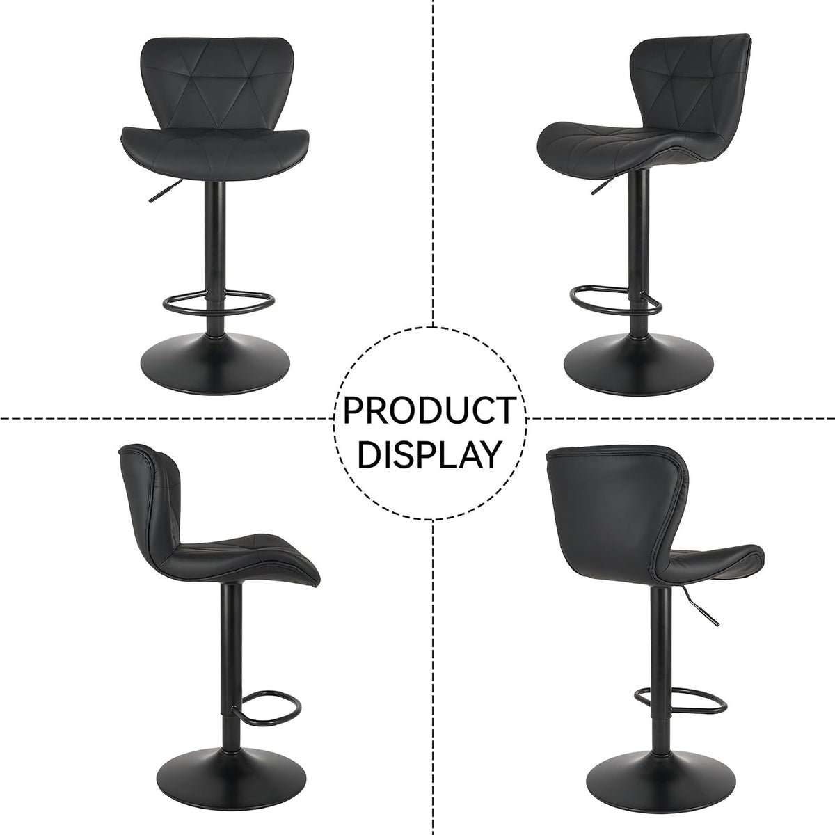 Four views of a black faux leather adjustable bar stool showing front, side, angled, and rear profiles on a white background
