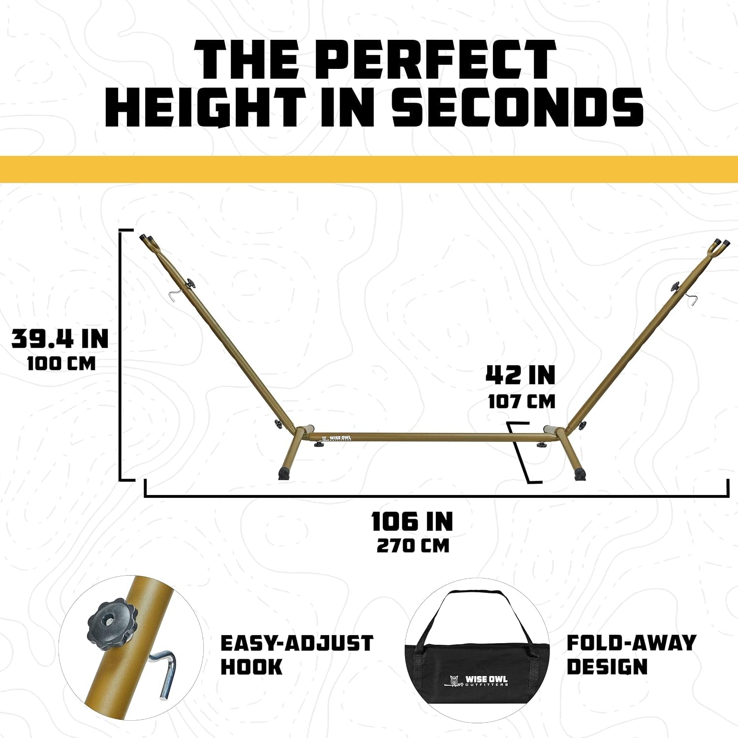 Infographic of hammock stand dimensions showing 106 in length, 42 in width and 39.4 in height with fold-away carry case