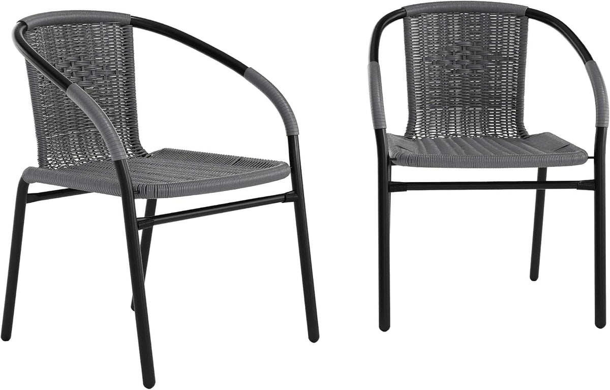 Two grey rattan dining chairs shown front and angled side views with black frames