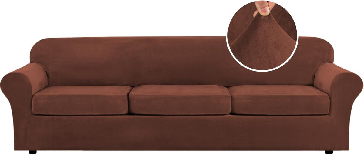 Front view of a three-cushion sofa covered in warm rust-brown stretch velvet with a circular close-up of the pile.