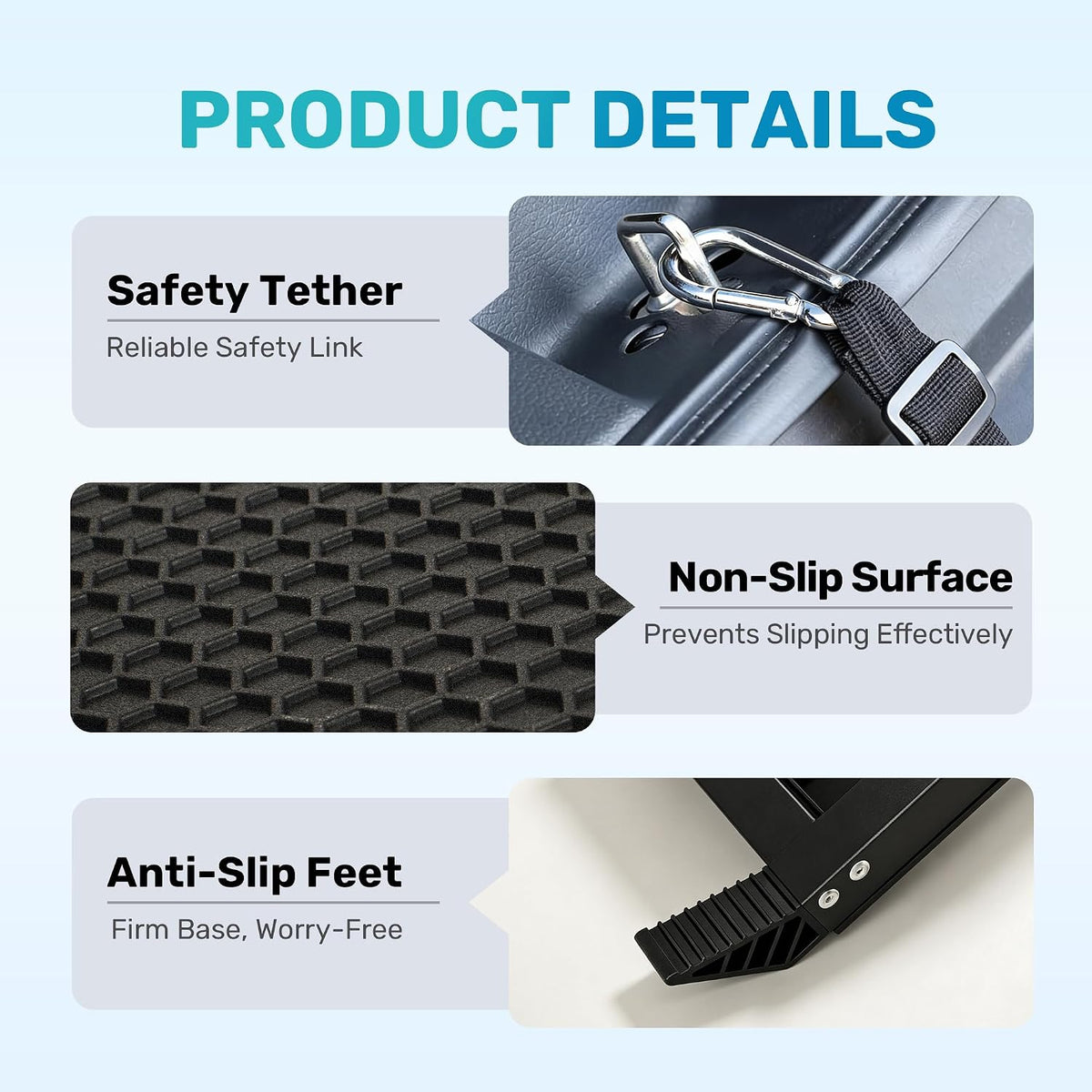 Collage showing the ramp's safety carabiner attached to a latch, a close-up of the textured surface, and the anti-slip foot d