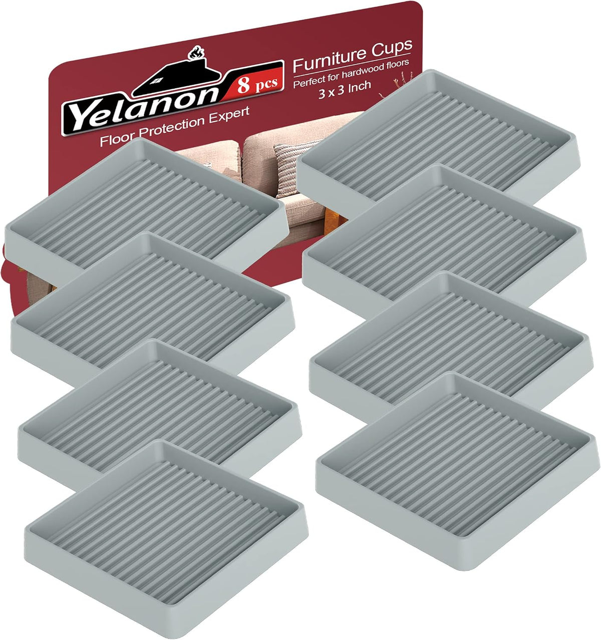 Eight light gray square ribbed furniture pads arranged in two columns before red product card