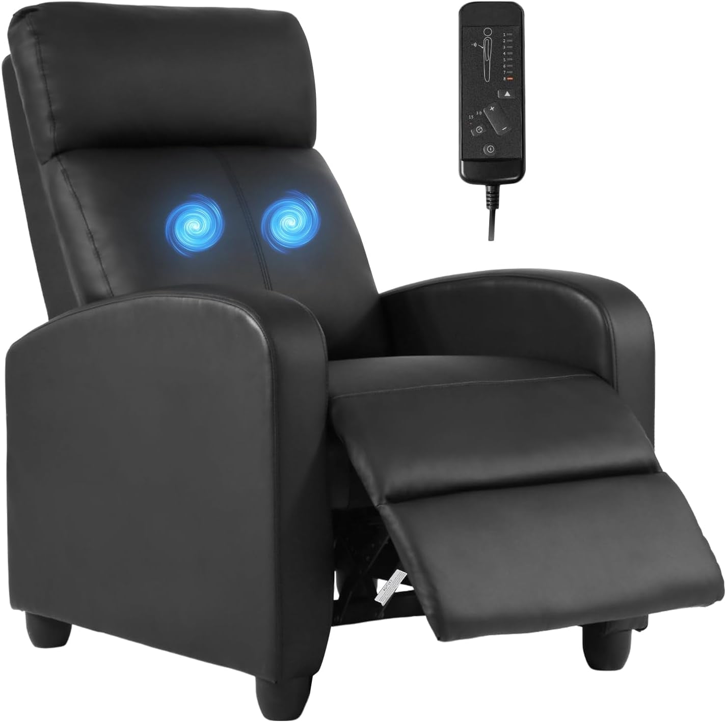 Black PU recliner with footrest extended, glowing blue massage indicators on the back and the wired remote visible.