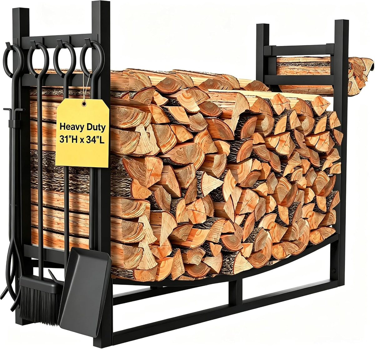 Close front view of the metal log holder loaded with split firewood and three hanging fireplace tools on the front.