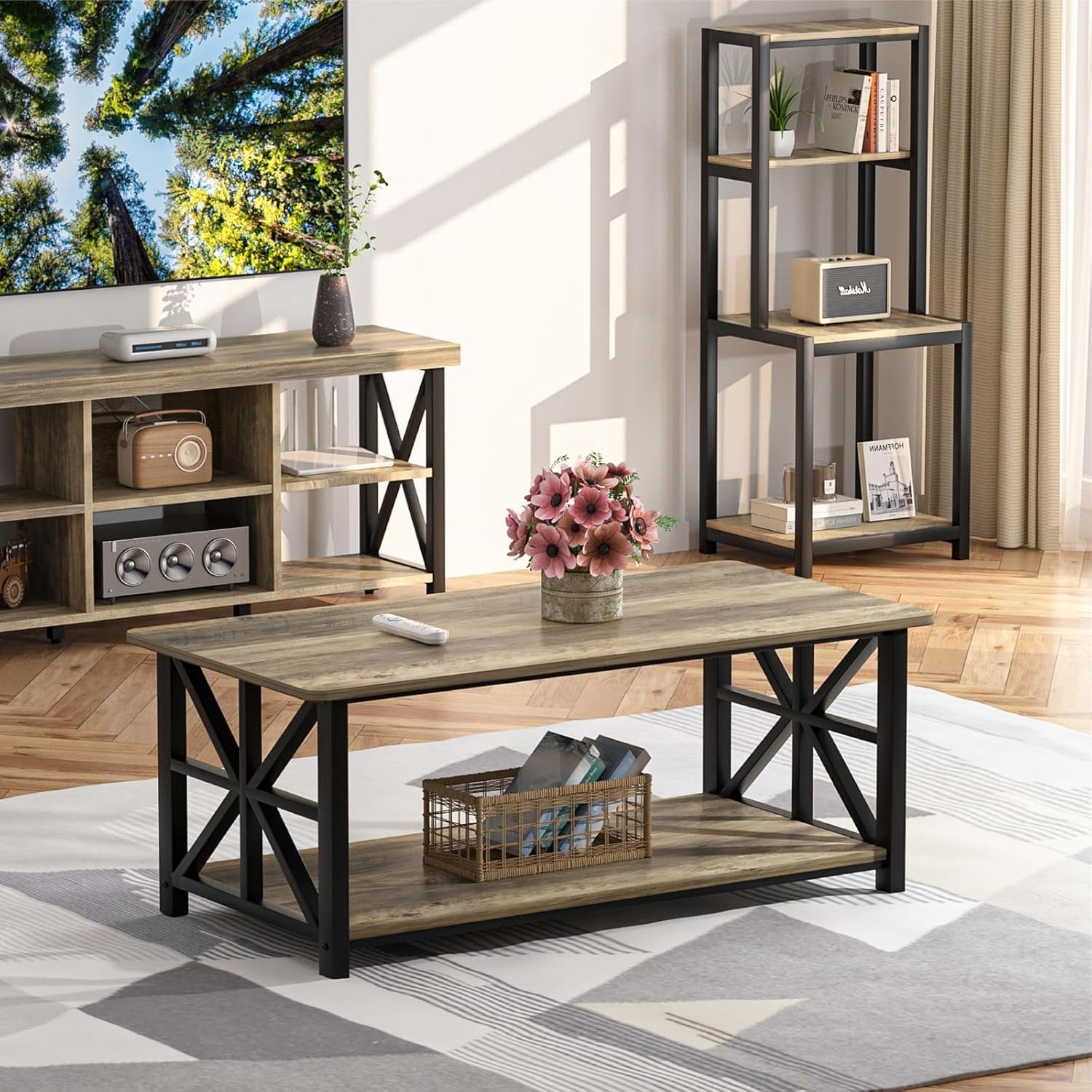 Coffee table in a living room setting with a vase of flowers on top and a woven basket on the lower shelf.