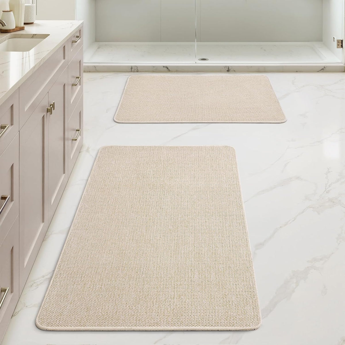 Beige rectangular runner viewed from a lower angle showing textured weave and rounded stitched edges.