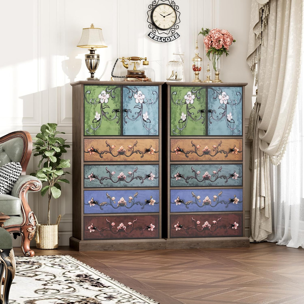 Two tall boho dressers side-by-side showing matching floral panels and wood-grain cases
