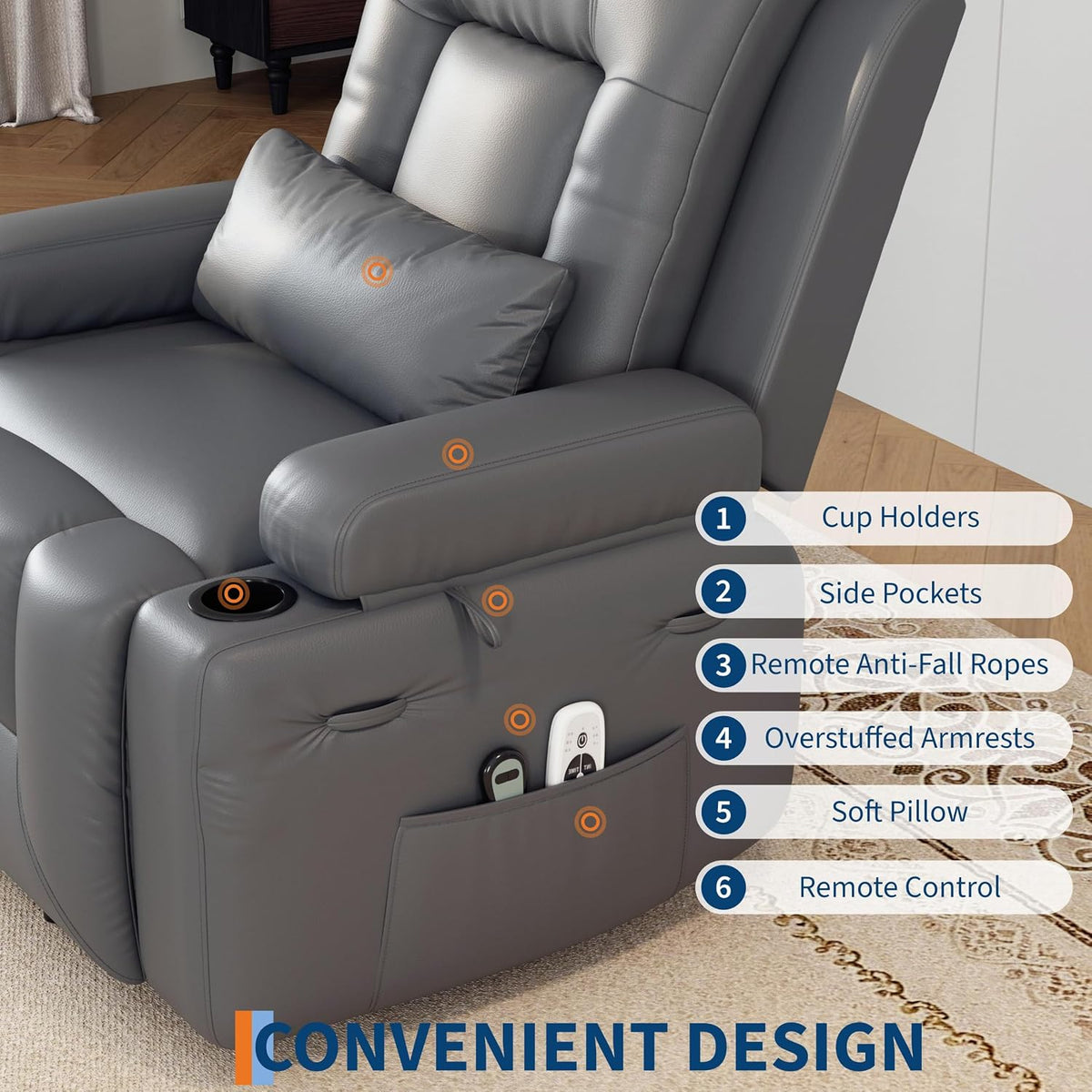Right-side close-up of grey recliner arm showing cup holder, side pocket with remotes, and lumbar pillow.