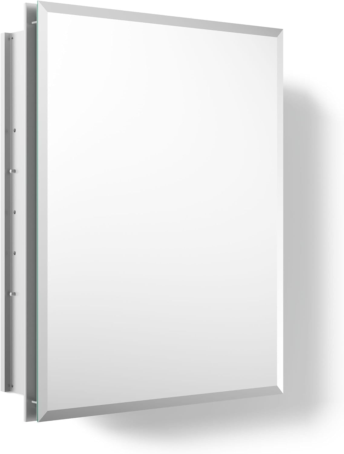 Angled view of a frameless mirror door slightly open, revealing the metal side cabinet and wall-mount rail.