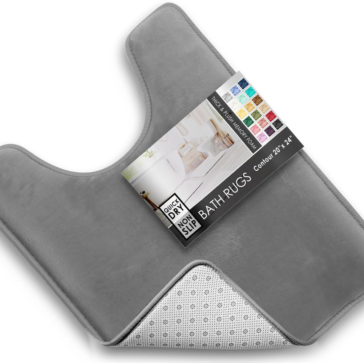 Angled close-up of a gray U-shaped contour mat with a packaging card resting on its surface and backing peeking out.